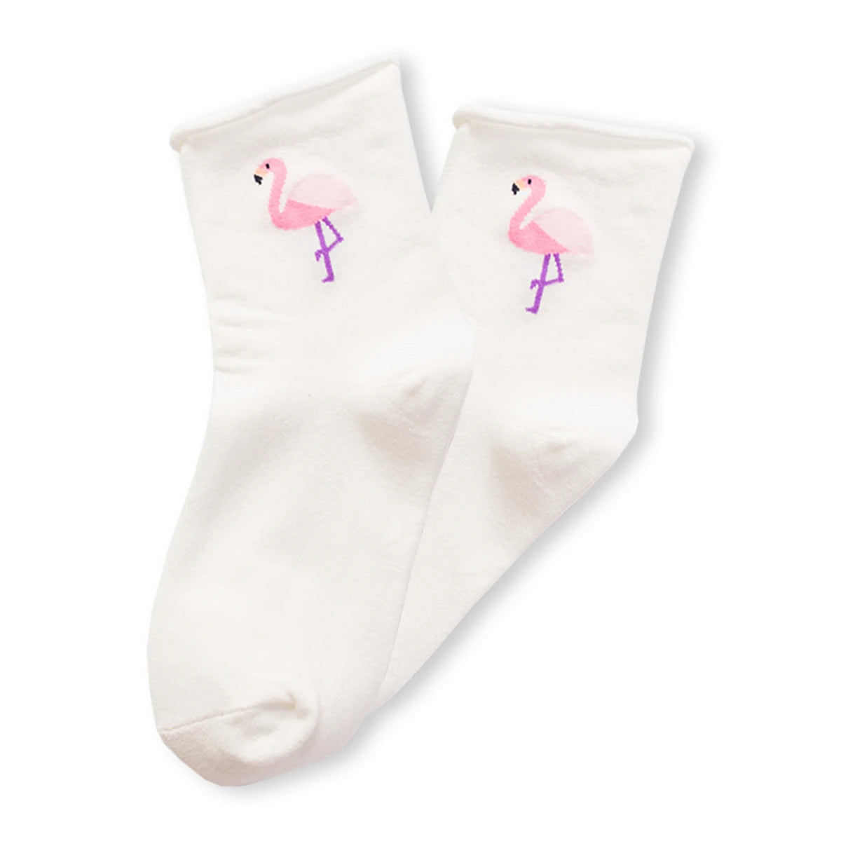 Chaussettes blanches en coton avec un flamant rose brodée dessus | Chaussettes abordables et durables
