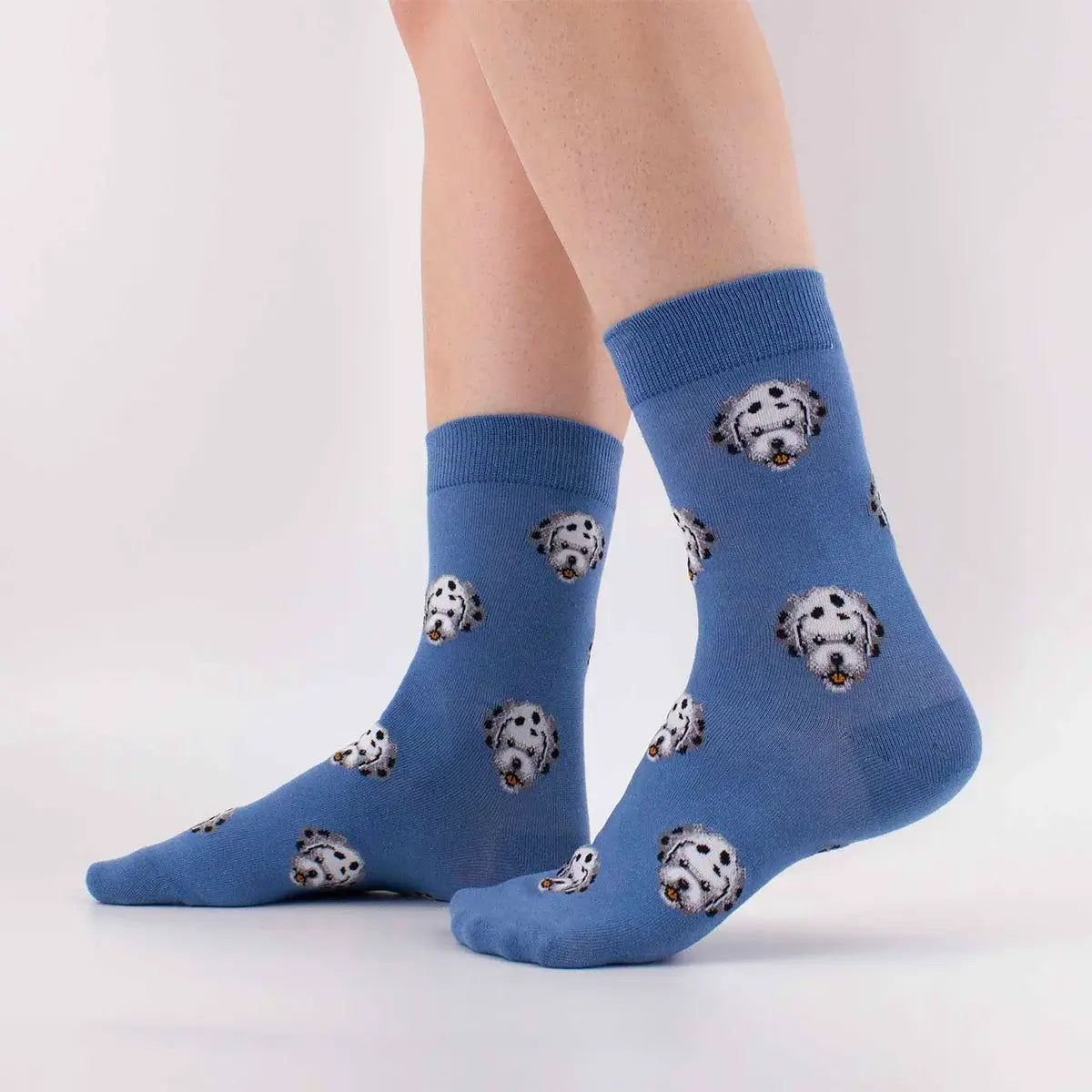Chaussettes hautes fond bleu motif tête de chien Dalmatien