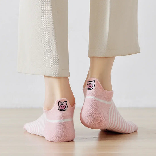 Chaussettes en coton pour femme, languette arrière brodée d'une petite tête de cochon