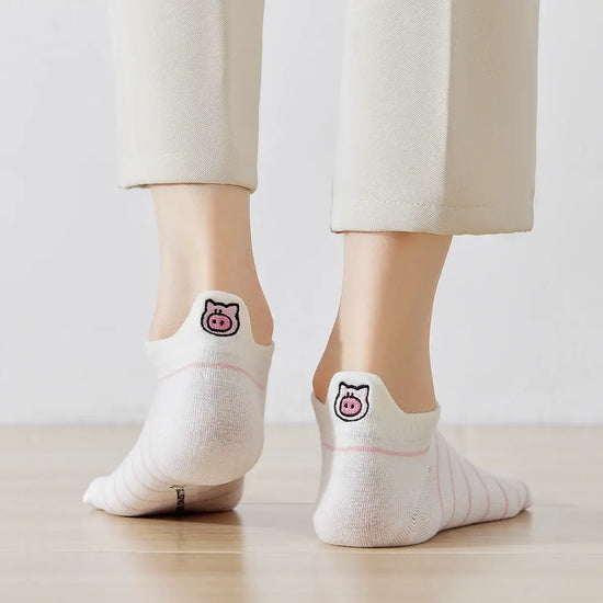 Chaussettes en coton pour femme, languette arrière brodée d'une petite tête de cochon