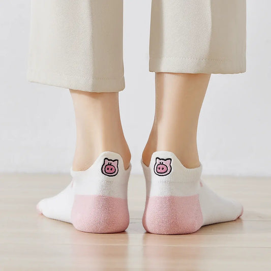 Chaussettes en coton pour femme, languette arrière brodée d'une petite tête de cochon