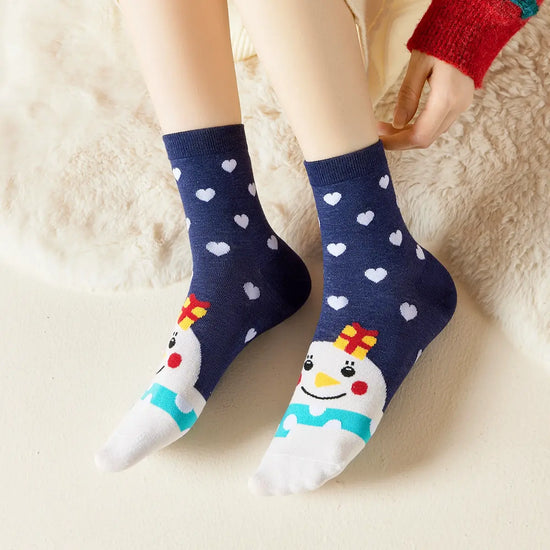 Chaussettes hautes de Noël, motif Bonhomme de Neige et petits coeur, fond bleu