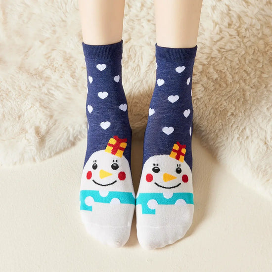 Chaussettes hautes de Noël, motif Bonhomme de Neige et petits coeur, fond bleu