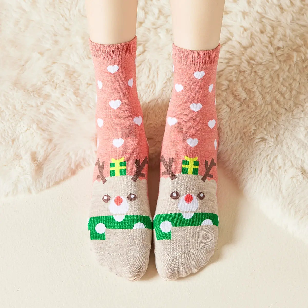 Chaussettes hautes de Noël, motif Renne de Noël et petits coeur, fond rose
