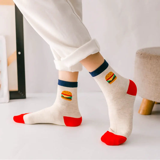 Chaussettes montantes colorées motifs fast food / street food : burger, frites, glace et cupcake