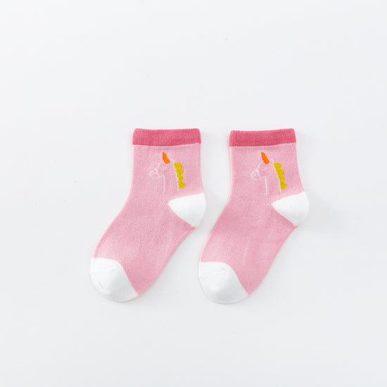 Chaussettes montantes, fond rose, motifs  licornes. Pour bébé et enfant (du 12 mois au 12 ans).