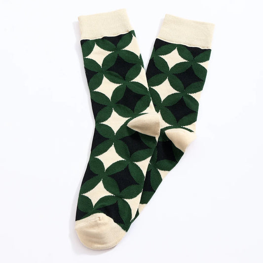 Chaussettes hautes pour homme. Motif rosace vert, noir et blanc.