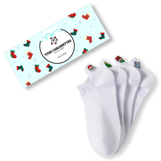 Coffret de 4 chaussettes blanches motif de noël, languette brodée : Père Noël, bonhomme de neige, flocon, sapin