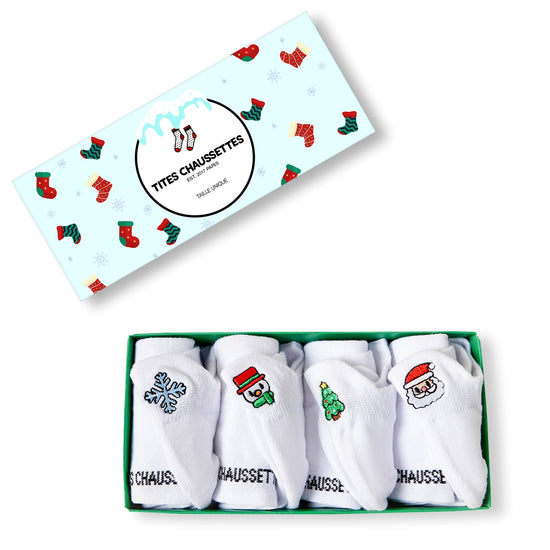 Chaussettes blanches motif de noël, languette brodée : Père Noël, bonhomme de neige, flocon, sapin