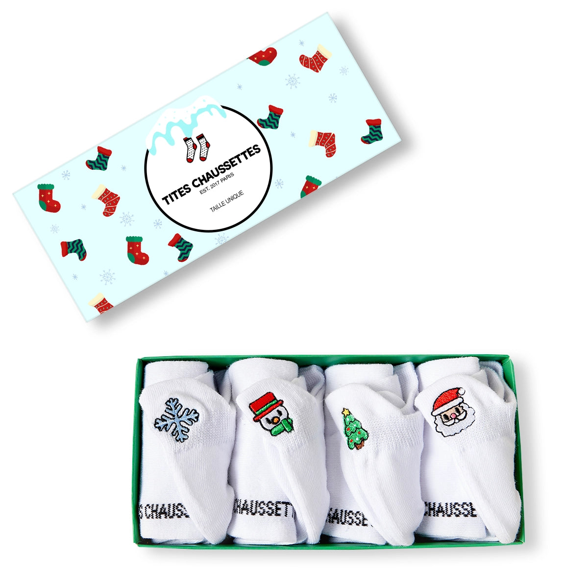 Chaussettes blanches motif de noël, languette brodée : Père Noël, bonhomme de neige, flocon, sapin