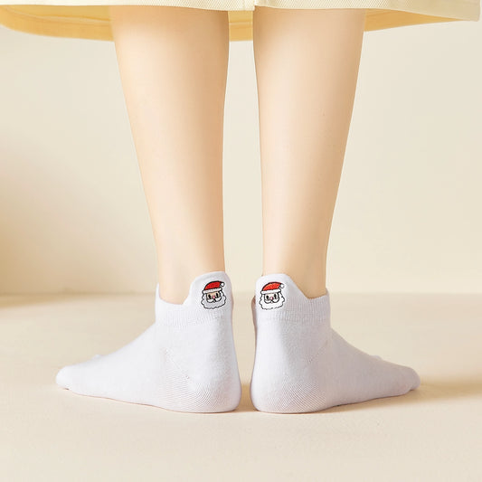 Chaussettes blanches motif de noël, languette brodée : Père Noël, bonhomme de neige, flocon, sapin
