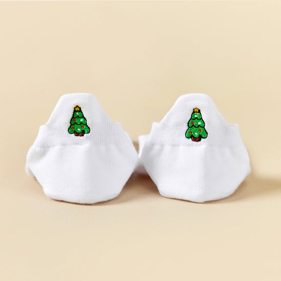 Chaussettes blanches motif de noël, languette brodée : Père Noël, bonhomme de neige, flocon, sapin