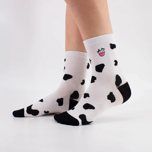 Chaussettes montante, motif peau de vache, tête de vache brodée sur le côté