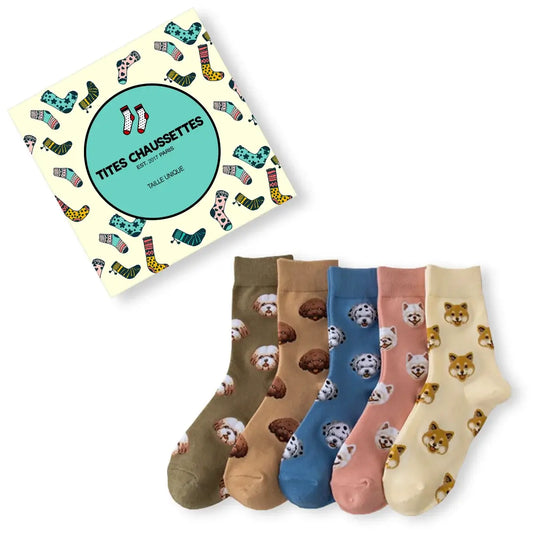 Lot de chaussettes hautes motif tête de chien Shiba, Spitz, Caniche, Bichon, Dalmatien. Coloris beige, rose, bleu, marron clair, vert kaki.