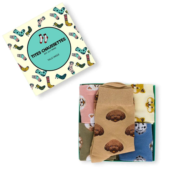 Lot de chaussettes hautes motif tête de chien Shiba, Spitz, Caniche, Bichon, Dalmatien. Coloris beige, rose, bleu, marron clair, vert kaki.