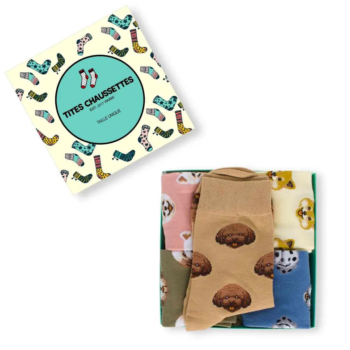 Lot de chaussettes hautes motif tête de chien Shiba, Spitz, Caniche, Bichon, Dalmatien. Coloris beige, rose, bleu, marron clair, vert kaki.