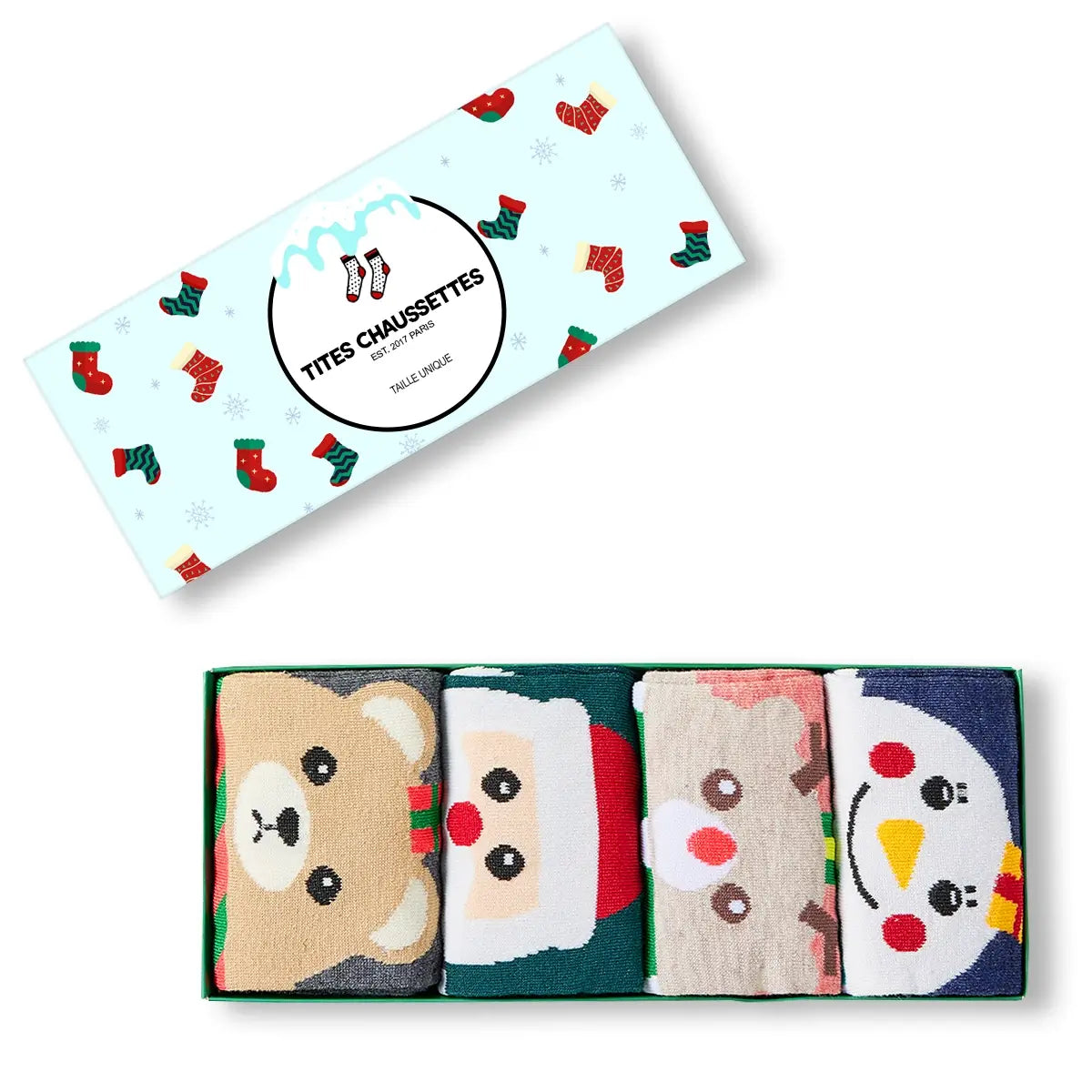 Lot de 5 chaussettes hautes de Noël coeur, motifs Père Noël, Renne, Bonhomme de Neige et Ours