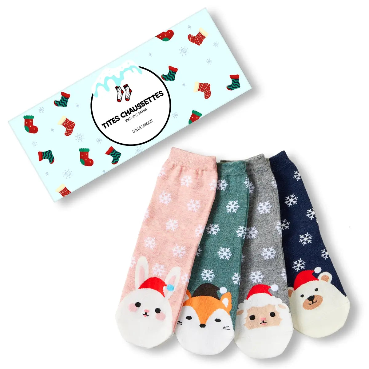 Lot de chaussettes de noël motif flocons et tête d'animal portant un bonnet de noël : ours, renard, mouton, lapin