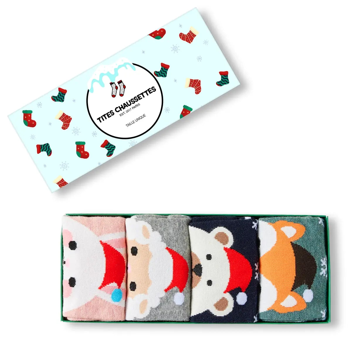 Lot de chaussettes de noël motif flocons et tête d'animal portant un bonnet de noël : ours, renard, mouton, lapin