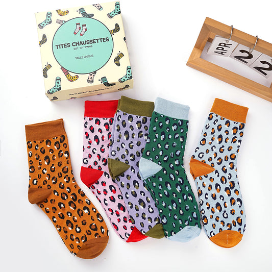 Lot de 5 chaussettes montantes léopard avec coffret Tites Chaussettes