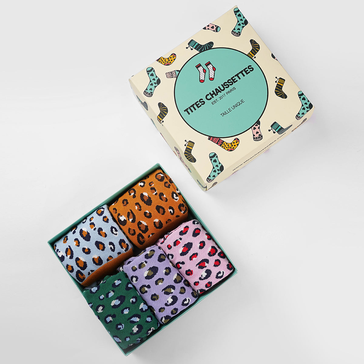 Lot de 5 chaussettes montantes léopard avec coffret Tites Chaussettes