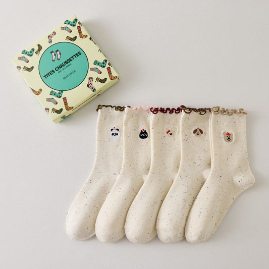 Lot de 5 chaussettes montantes motif animaux avec détail volanté. Coton majoritaire, confortables et festives. Idéales pour un look fun et cosy
