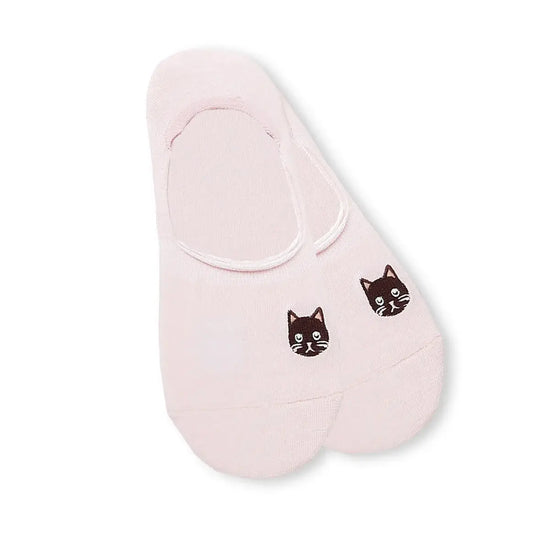 Socquettes invisibles, coloris rose, tête de chat brodée sur l'avant du pied