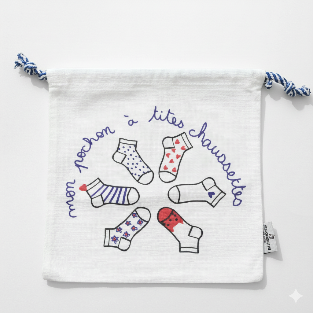 Pochon coton pour ranges ses Tites Chaussettes. Fond blanc, imprimé chaussettes à motifs bleu/rouge. Fermeture par lien coulissant blanc/bleu. 