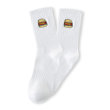 Chaussettes blanc adultes en coton avec un burger brodé | Chaussettes abordables et de haute qualité | Un excellent choix pour les adultes qui aiment la nourriture et les burgers |