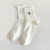 Chaussettes ajourées cœur et feston femme, douces et stretch avec petit cœur brodé. Taille unique 35-41, disponibles en blanc et noir.