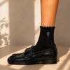 Chaussettes ajourées cœur et feston femme, douces et stretch avec petit cœur brodé. Taille unique 35-41, disponibles en blanc et noir.