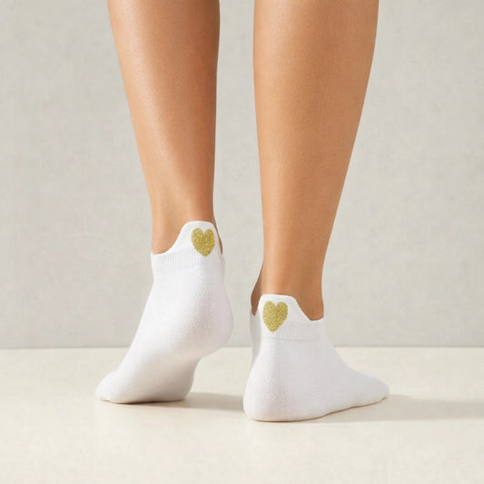 Chaussettes blanche en coton à languette cœur doré pour femme 