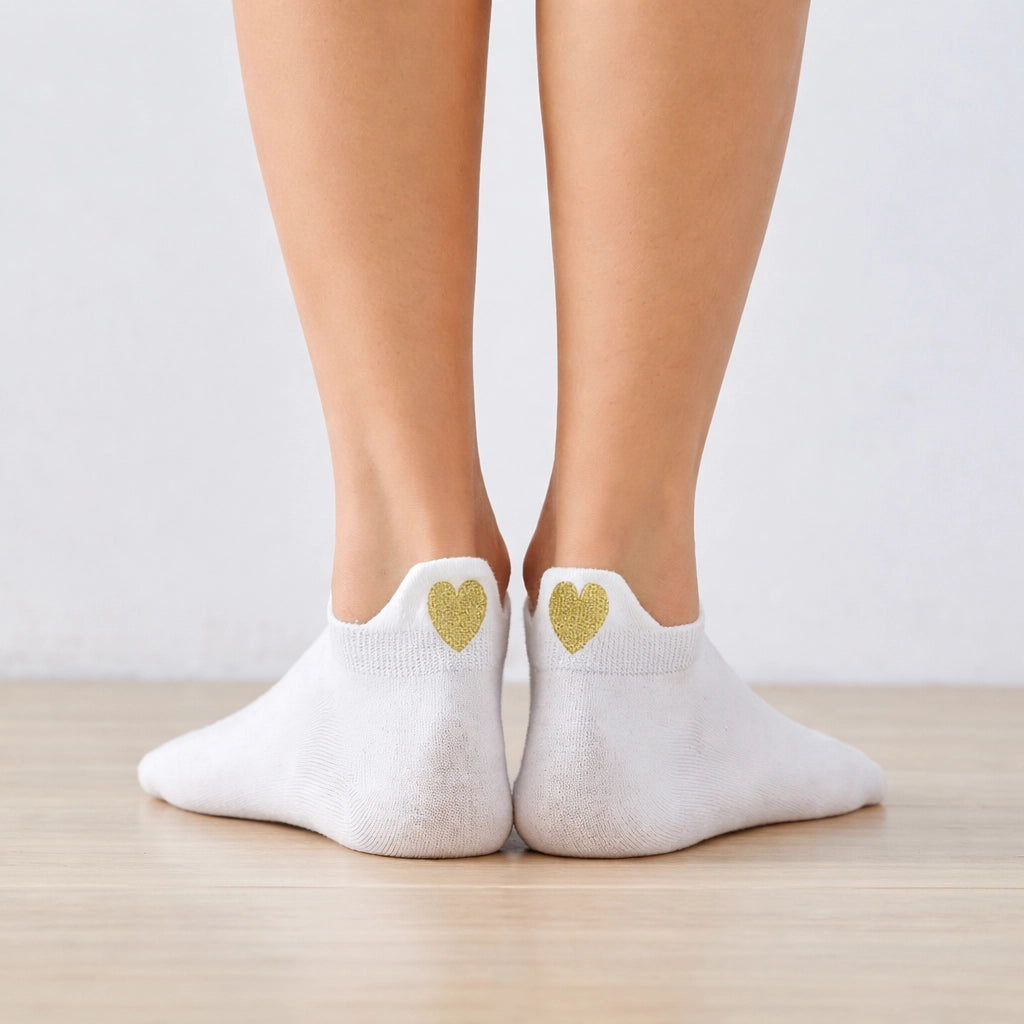 Chaussettes blanche en coton à languette cœur doré pour femme 