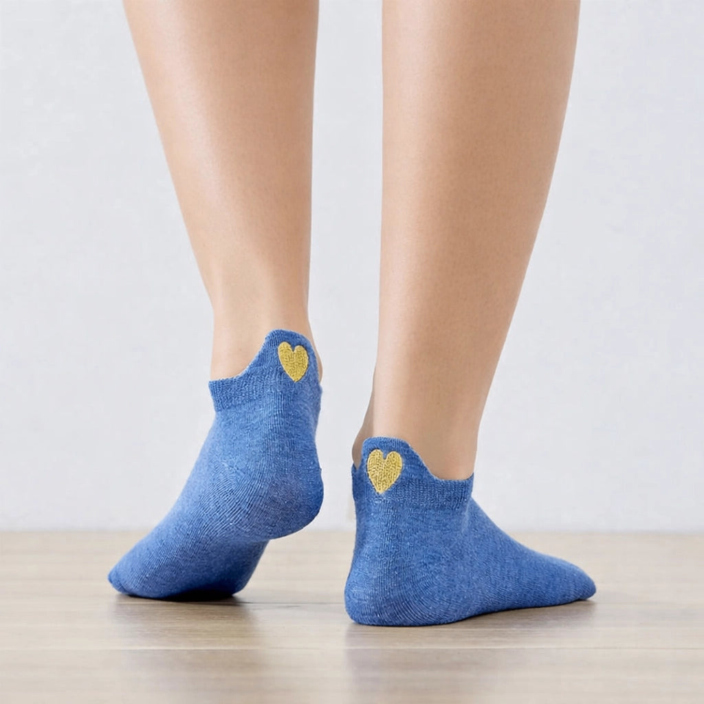 Chaussettes bleu en coton à languette cœur doré pour femme 