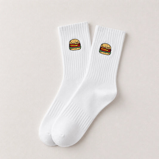 Chaussettes blanc adultes en coton avec un burger brodé | Chaussettes abordables et de haute qualité | Un excellent choix pour les adultes qui aiment la nourriture et les burgers |