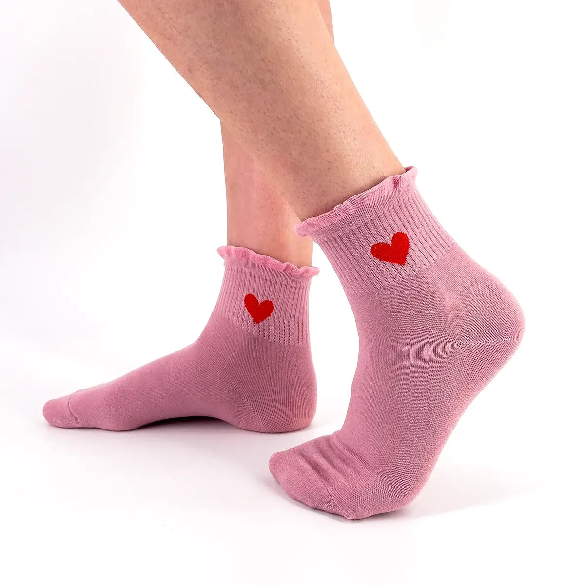 Chaussette haute avec cœur brodé et bord volanté dentelle
