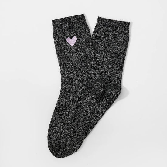 Chaussettes hautes noir fil lurex argenté, coeur brodé mauve, jaune ou rouge 