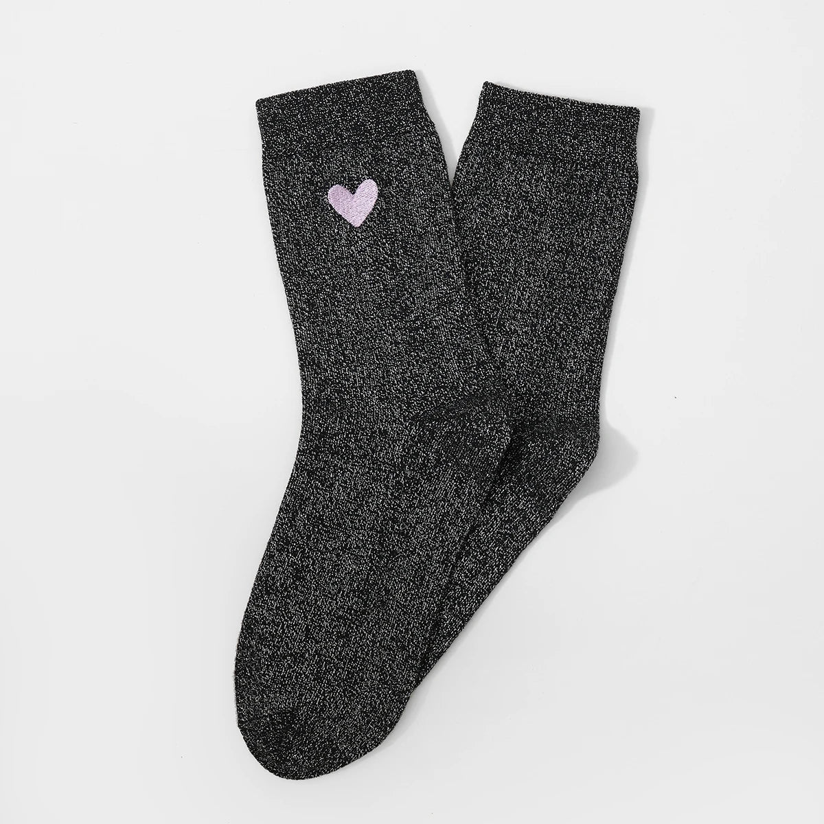 Chaussettes hautes noir fil lurex argenté, coeur brodé mauve, jaune ou rouge 