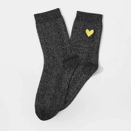 Chaussettes hautes noir fil lurex argenté, coeur brodé mauve, jaune ou rouge 