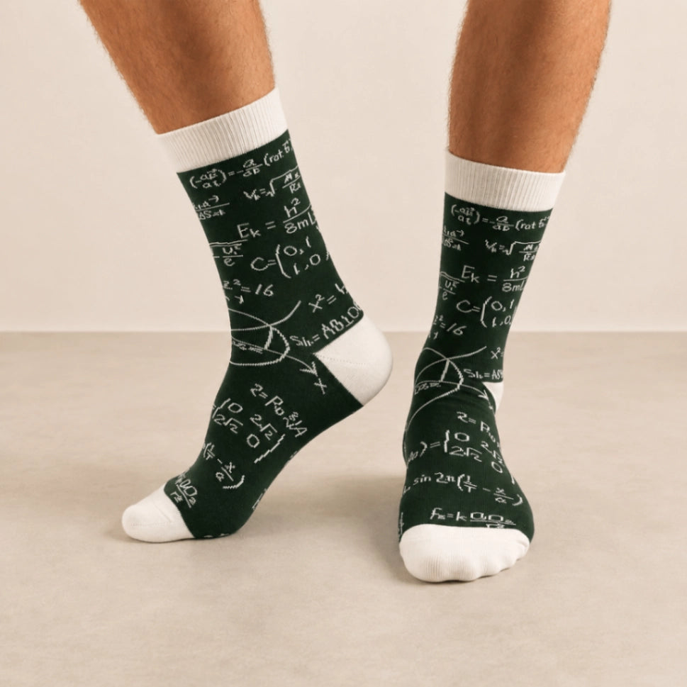 Chaussettes hautes pour homme. Motif calculs mathématiques. Fond vert foncé. Motif, pointe, talon et haut de tige blancs. 