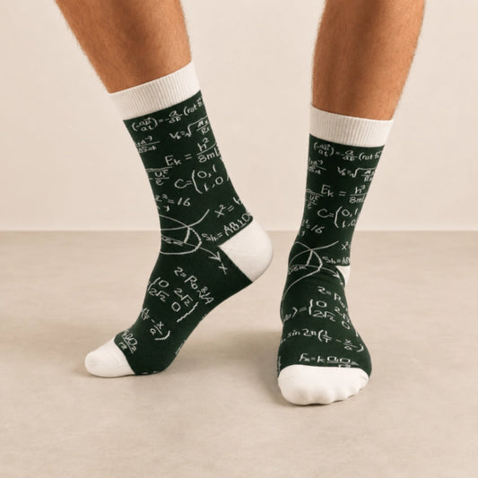 Chaussettes hautes pour homme. Motif calculs mathématiques. Fond vert foncé. Motif, pointe, talon et haut de tige blancs. 