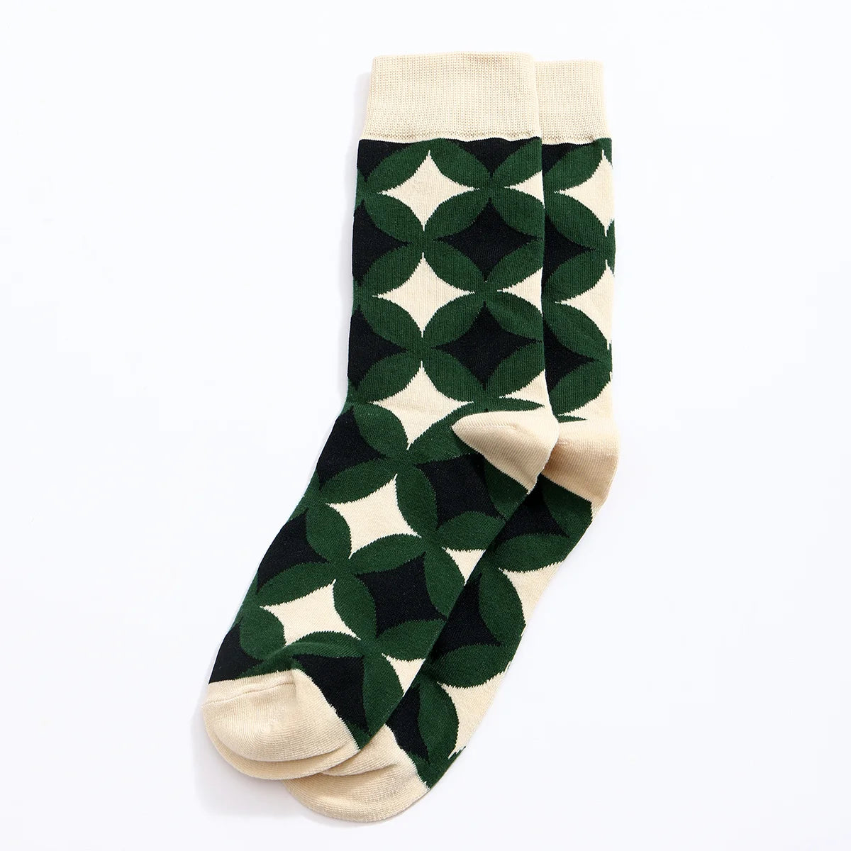 Chaussettes hautes pour homme. Motif rosace vert, noir et blanc. 