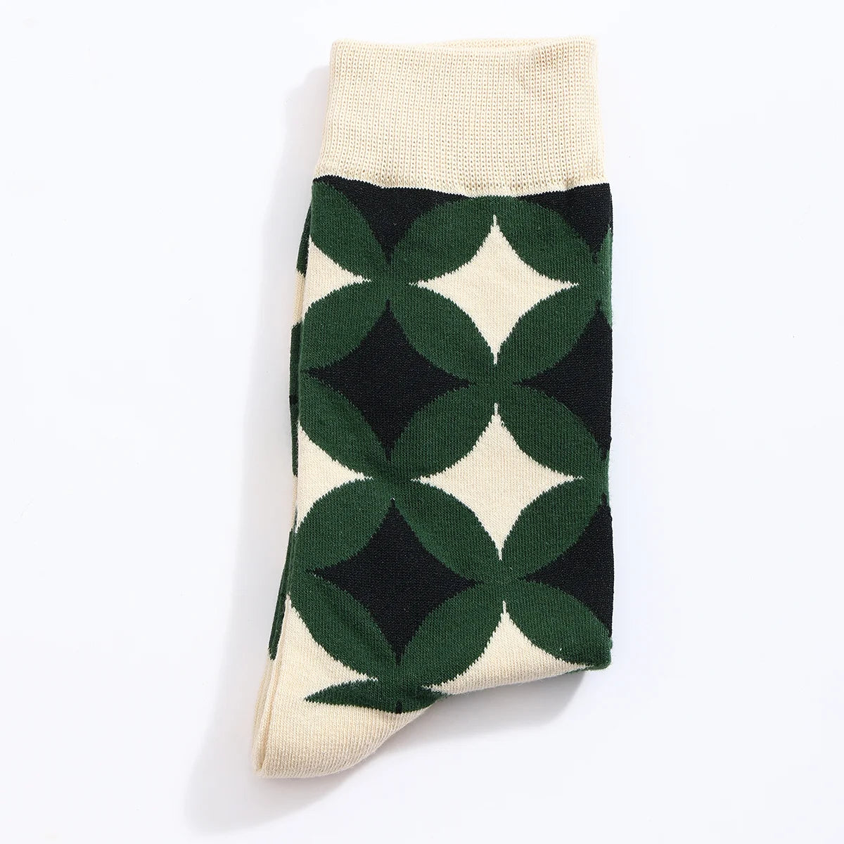 Chaussettes hautes pour homme. Motif rosace vert, noir et blanc. 