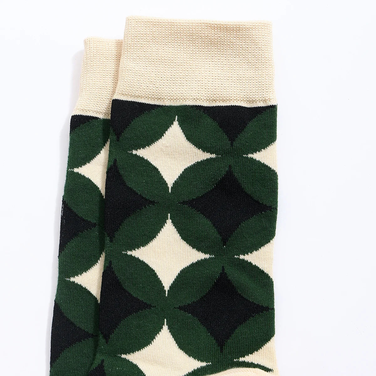 Chaussettes hautes pour homme. Motif rosace vert, noir et blanc. 