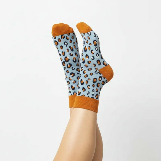 Chaussettes montantes imprimé léopard bleu, douces et épaisses 