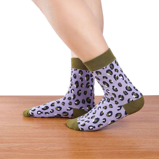 Chaussettes montantes imprimé léopard violet, douces et épaisses 