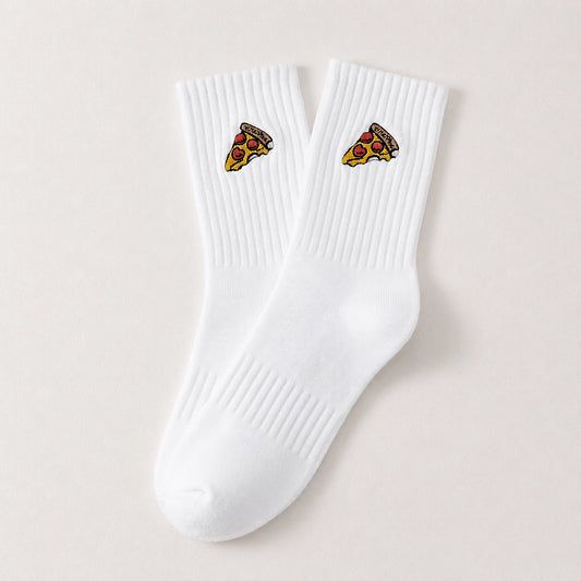 Chaussettes hautes sport, matière côtelée pour un bon ajustement, part de pizza brodée sur le côté