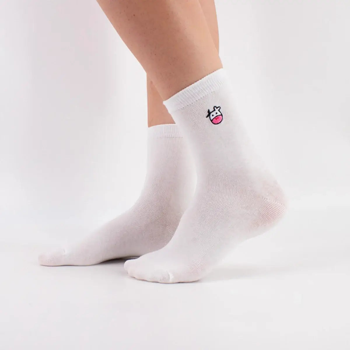 Chaussettes montante, unie blanche, tête de vache brodée sur le côté