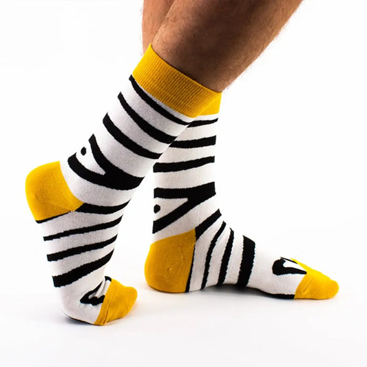 Chaussettes montant, motif peau de zèbre, noir blanc et jaune, pour homme et femme