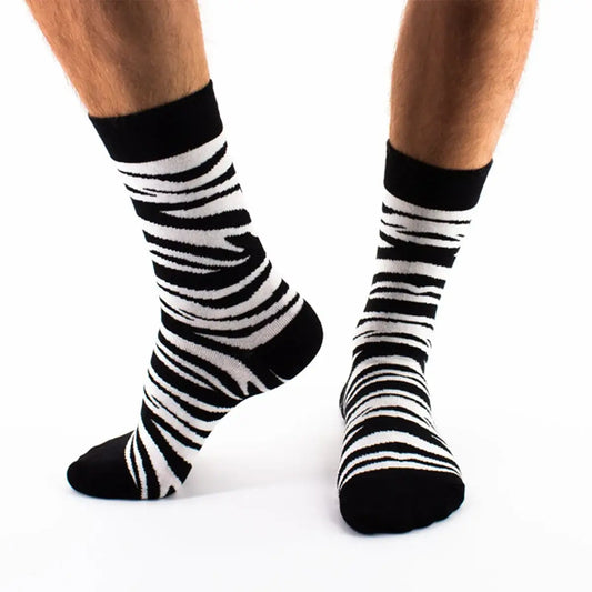 Chaussettes montant, motif peau de zèbre, noir et blanc, pour homme et femme